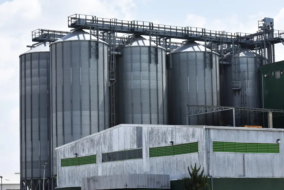 Grain silos behind the brewery warehouse